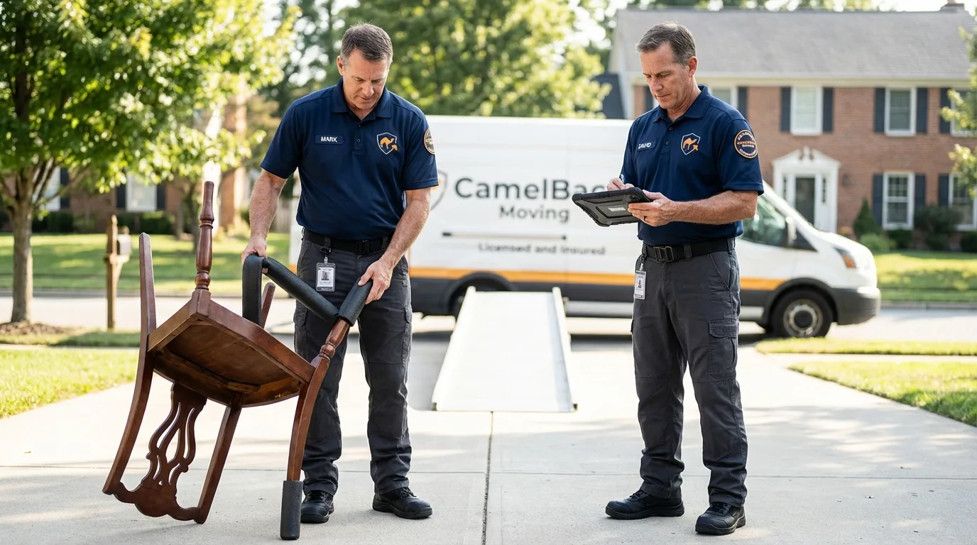 Movers inspecting furniture for damage prevention before loading in Wenham, MA
