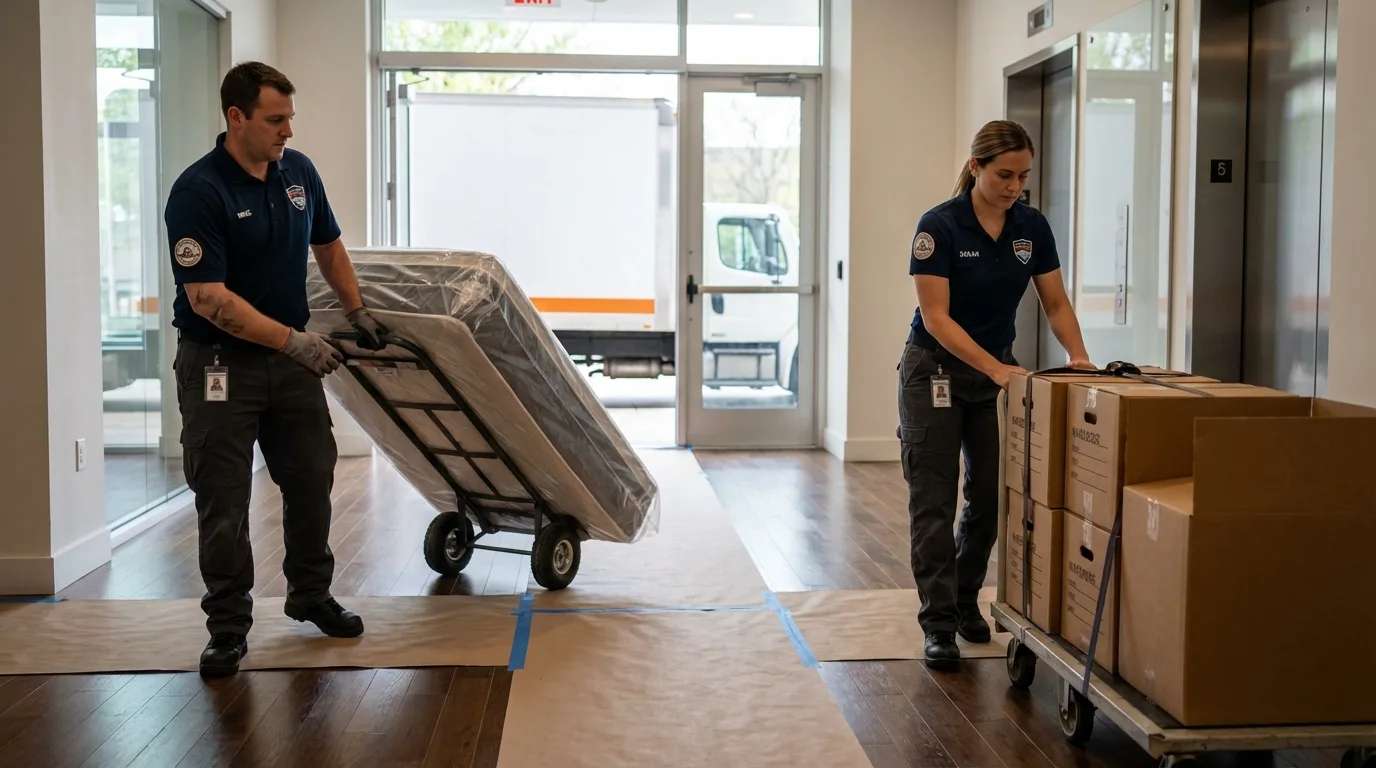 Professional apartment movers loading elevator in Wenham, MA