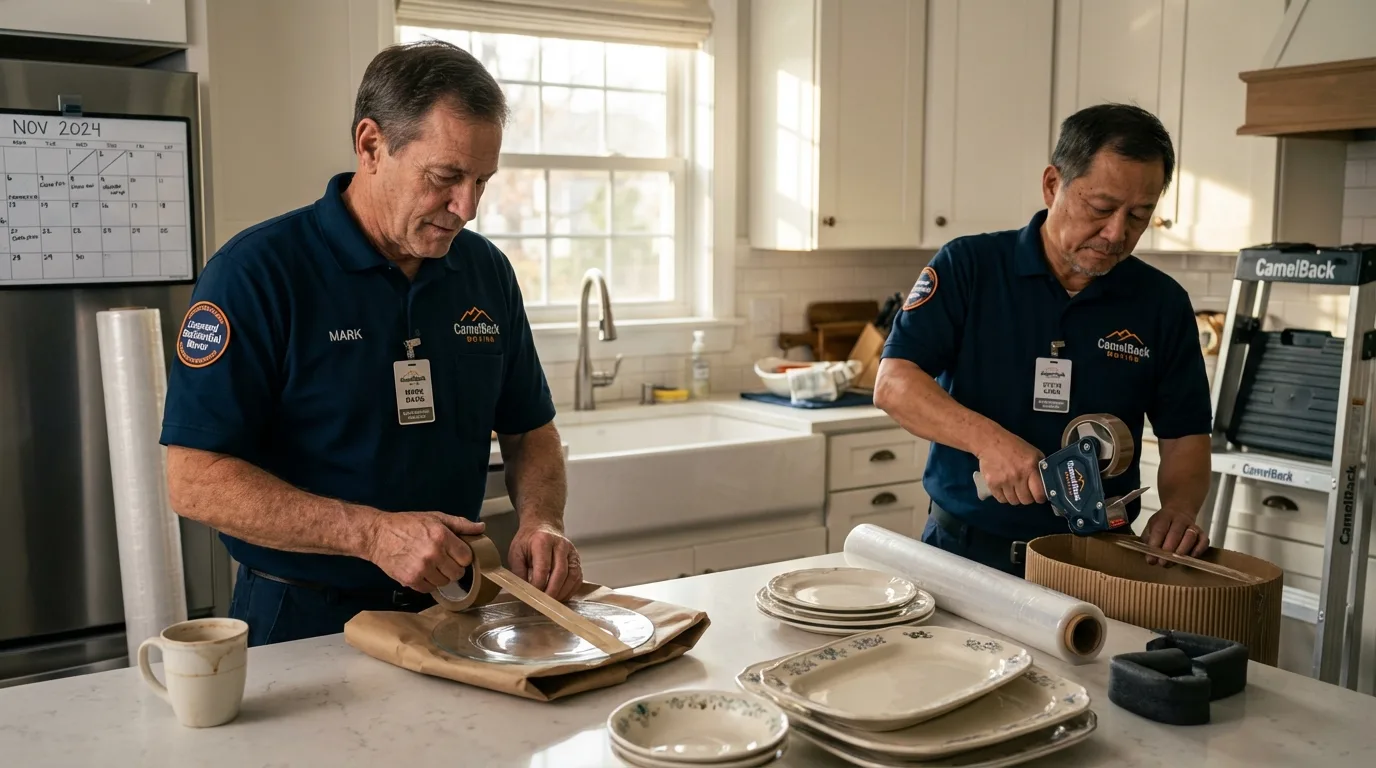 Professional crew packing kitchen dishware in Wenham, MA